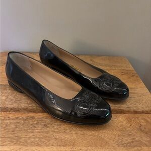 Salvatore Ferragamo Black Patent Leather Gancini Ballet Flats